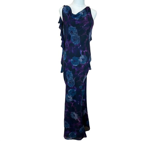 Rotate Purple Watercolor Chiffon Slip Maxi Dress SIZE 2 Ruffle Cowl Party $430 - Picture 9 of 15
